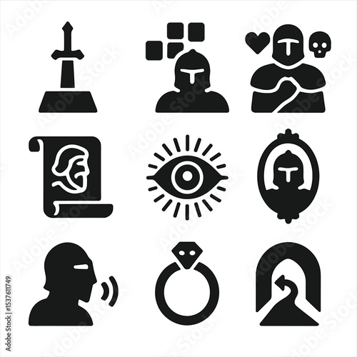 Knight's Trials Icons. Solid, filled icons set of knight’s trials within the temple: sword challenge, memory