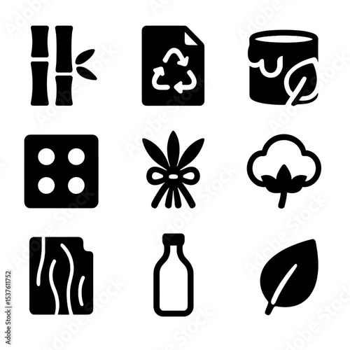 Eco Material Icons. Solid, filled icons set of inspirational design with ecology materials trend: bamboo plank