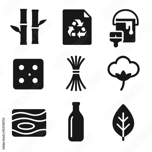 Eco Material Icons. Solid, filled icons set of inspirational design with ecology materials trend: bamboo plank