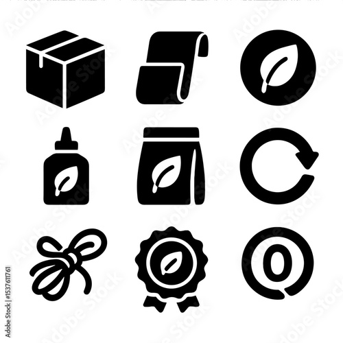 Sustainable Packaging Icons. Solid, filled icons set of sustainable product packaging: kraft box, paper wrap,