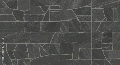 Close-up of a slate stone surface with irregular shapes, dark gray and black hues, emphasizing texture and natural patterns, ideal for modern design.