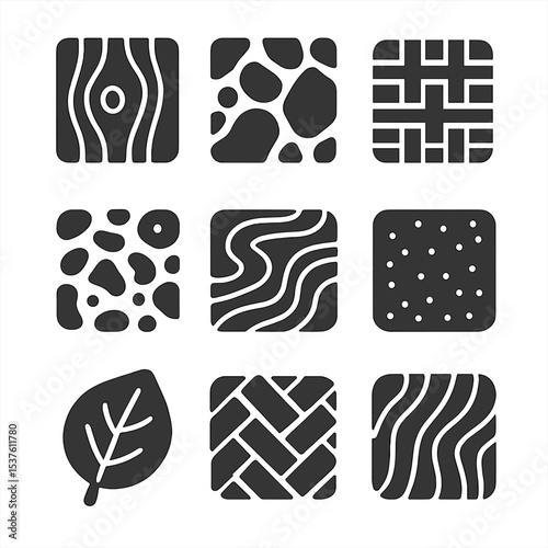 Natural Texture Icons. Solid, filled icons set of natural texture inspiration: wood grain, stone surface, raw