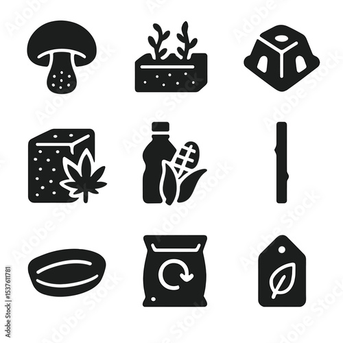 Biodegradable Material Icons. Solid, filled icons set of biodegradable material design: mushroom leather,