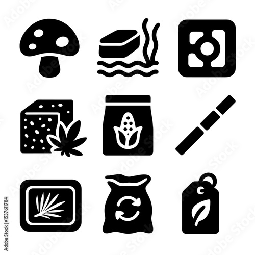 Biodegradable Material Icons. Solid, filled icons set of biodegradable material design: mushroom leather,