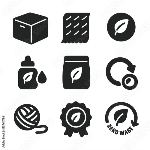 Sustainable Packaging Icons. Solid, filled icons set of sustainable product packaging: kraft box, paper wrap,