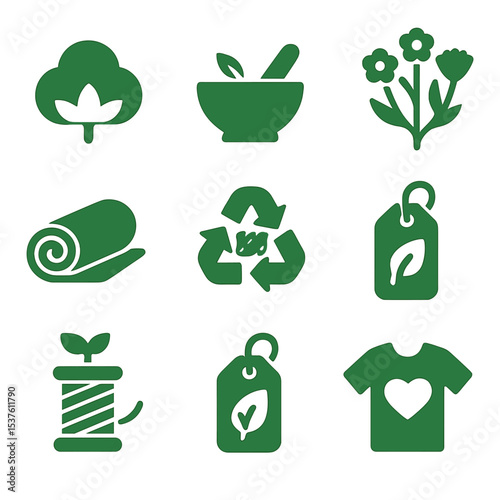 Eco Fashion Icons. Solid, filled icons set of green fashion and textiles: organic cotton, natural dye, flax