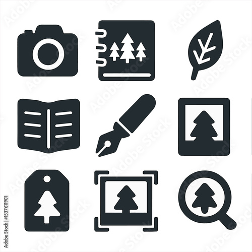 Forest Photography Icons. Solid, filled icons set of forest photography and journaling: camera icon,