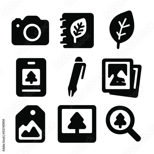 Forest Photography Icons. Solid, filled icons set of forest photography and journaling: camera icon,