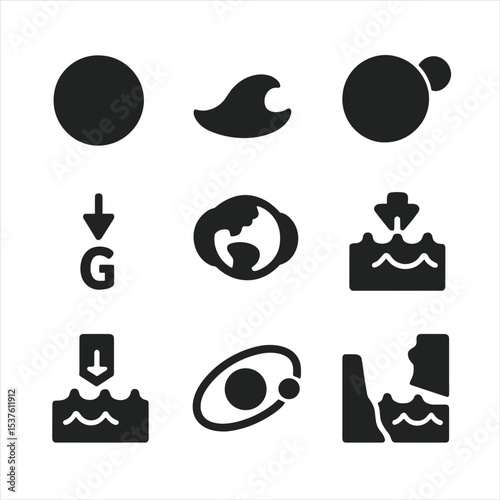 Lunar Tide Icons. Solid, filled icons set of how the moon affects the tides: full moon, wave icon, Earth and