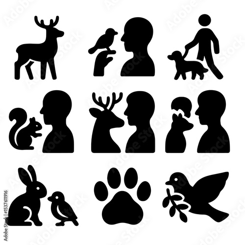 Forest Therapy Icons. Solid, filled icons set of forest therapy with animals: deer icon, bird companion,