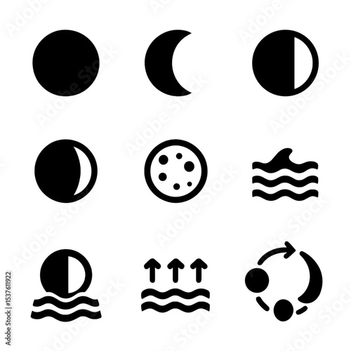Lunar Phases Icons. Solid, filled icons set of lunar phases and tide patterns: new moon, crescent moon,