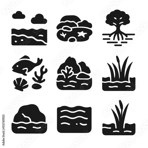 Coastal Ecosystem Icons. Solid, filled icons set of coastal ecosystems and tides: beach shore, tide pool,