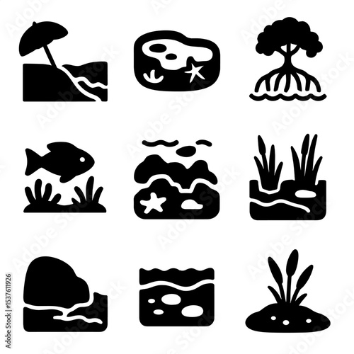 Coastal Ecosystem Icons. Solid, filled icons set of coastal ecosystems and tides: beach shore, tide pool,