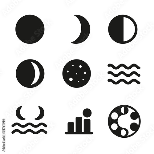 Lunar Phases Icons. Solid, filled icons set of lunar phases and tide patterns: new moon, crescent moon,