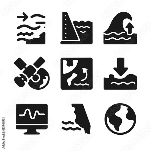Oceanography Icon Set. Solid, filled icons set of oceanography and tidal forces: sea current, ocean depth icon