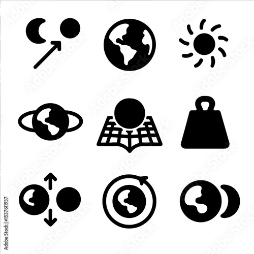 Gravitational Icon Set. Solid, filled icons set of gravitational effects on Earth: moon pull icon, Earth icon,