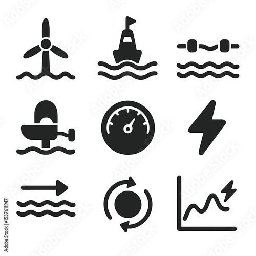 Tidal Energy Icons Grid. Solid, filled icons set of tidal energy systems: tidal turbine, power buoy,