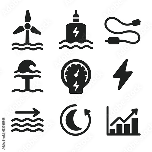 Tidal Energy Icons Grid. Solid, filled icons set of tidal energy systems: tidal turbine, power buoy,
