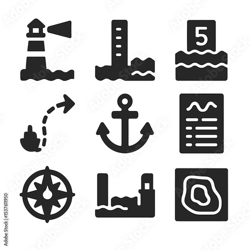 Maritime Navigation Icons. Solid, filled icons set of navigation and maritime tides: lighthouse icon, tide