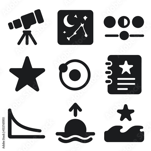 Astronomical Icon Collection. Solid, filled icons set of astronomical observation and tides: telescope icon,