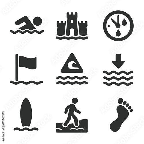 Beach Icons Grid. Solid, filled icons set of beach activity and tide awareness: swimmer icon, sandcastle, tide