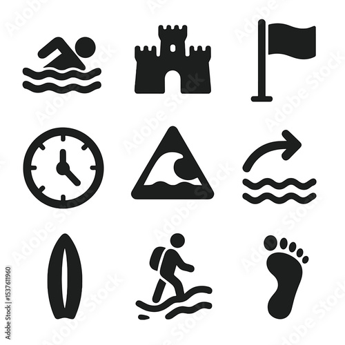 Beach Icons Grid. Solid, filled icons set of beach activity and tide awareness: swimmer icon, sandcastle, tide