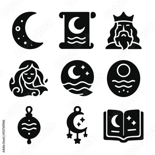 Mythical Moon Icons. Solid, filled icons set of myths and moon-tide folklore: ancient moon, folklore scroll,