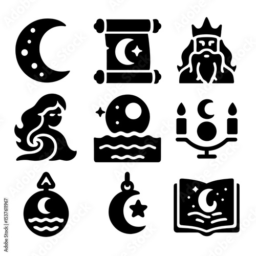 Mythical Moon Icons. Solid, filled icons set of myths and moon-tide folklore: ancient moon, folklore scroll,