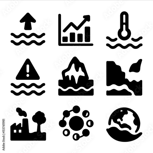 Climate Icon Grid. Solid, filled icons set of climate science and sea levels: rising tide arrow, climate graph