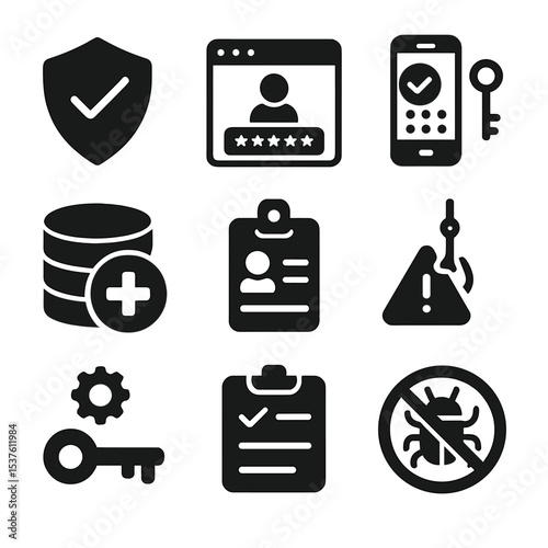 Healthcare Cybersecurity Icons. Solid, filled icons set of healthcare cybersecurity: antivirus shield, secure