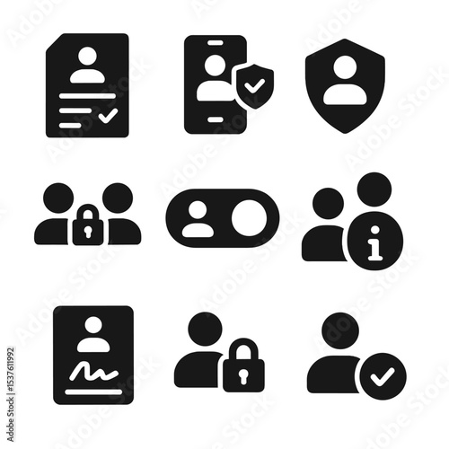 Privacy Icons Grid. Solid, filled icons set of patient privacy and consent: consent form, ID verification,