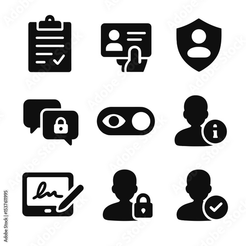Privacy Icons Grid. Solid, filled icons set of patient privacy and consent: consent form, ID verification,