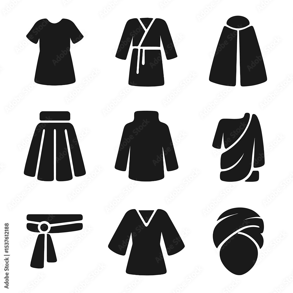 Regional Dress Icons. Solid, filled icons set of regional dress silhouettes: tunic, robe, cloak, pleated skirt Regional Dress Icons. Solid, filled icons set of regional dress silhouettes: tunic, robe, cloak, pleated skirt