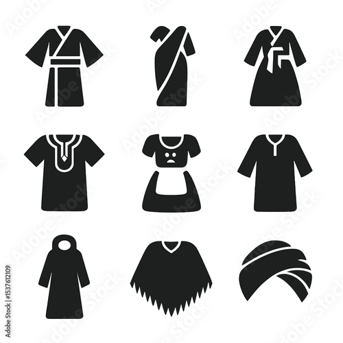 Traditional Fashion Icons. Solid, filled icons set of traditional fashion elements: kimono, sari, hanbok,