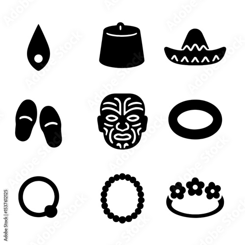 Cultural Fashion Icons. Solid, filled icons set of cultural fashion accessories: bindi, fez, sombrero, wooden