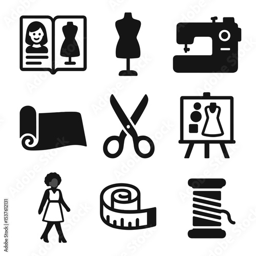 Fashion Design Icons. Solid, filled icons set of multicultural fashion designers: sketchbook, mannequin,