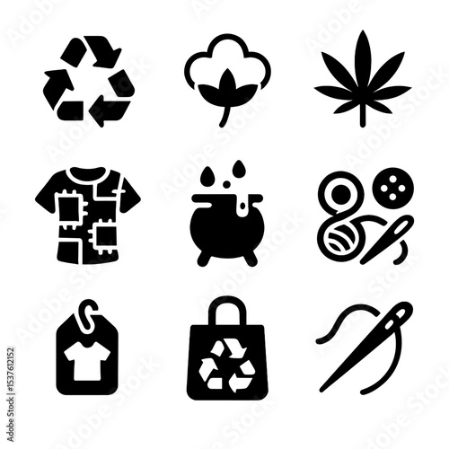 Sustainable Fashion Icons. Solid, filled icons set of sustainable fashion across cultures: recycling sign,