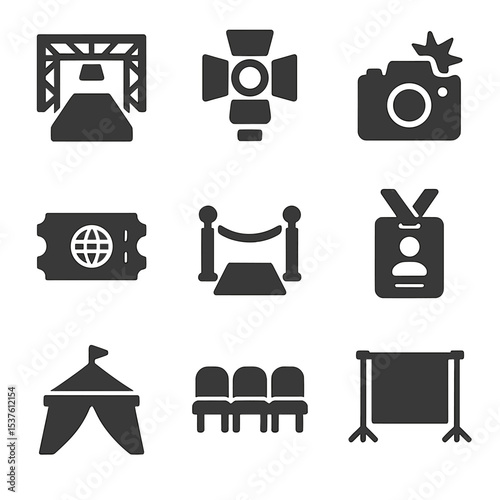 Fashion Festival Icons. Solid, filled icons set of global fashion festivals: runway stage, spotlight, camera