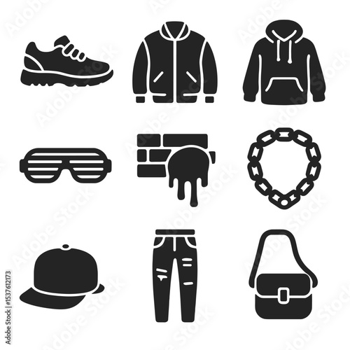 Urban Fashion Icons. Solid, filled icons set of urban fusion fashion: sneakers, bomber jacket, oversized