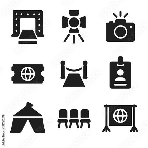 Fashion Festival Icons. Solid, filled icons set of global fashion festivals: runway stage, spotlight, camera