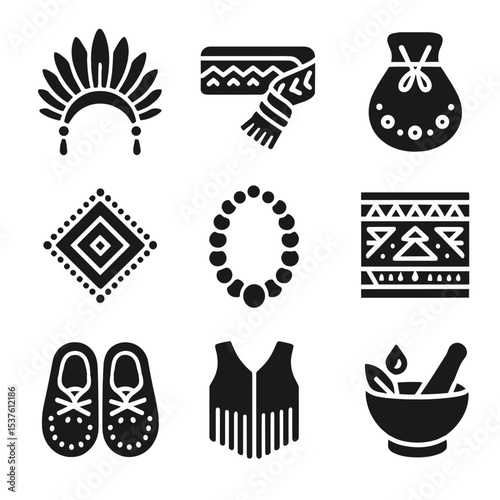 Indigenous Fashion Icon Set. Solid, filled icons set of indigenous fashion revival: feather headdress, woven