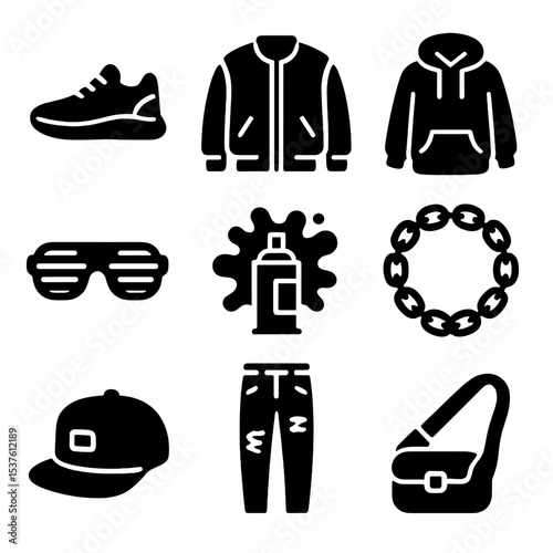 Urban Fashion Icons. Solid, filled icons set of urban fusion fashion: sneakers, bomber jacket, oversized