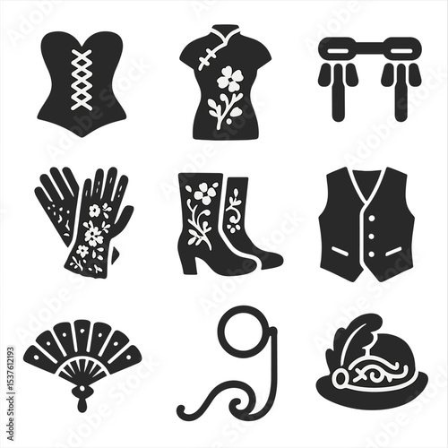 Historical Fashion Icons. Solid, filled icons set of historical fashion fusion: corset, cheongsam, epaulets,