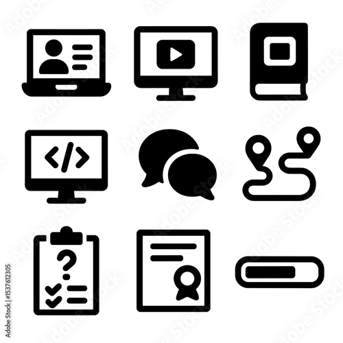 Digital Learning Icons. Solid, filled icons set of digital learning resources: online course, tutorial video,