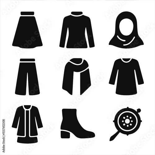 Modest Fashion Icons. Solid, filled icons set of modest fashion across cultures: long skirt, high neckline,