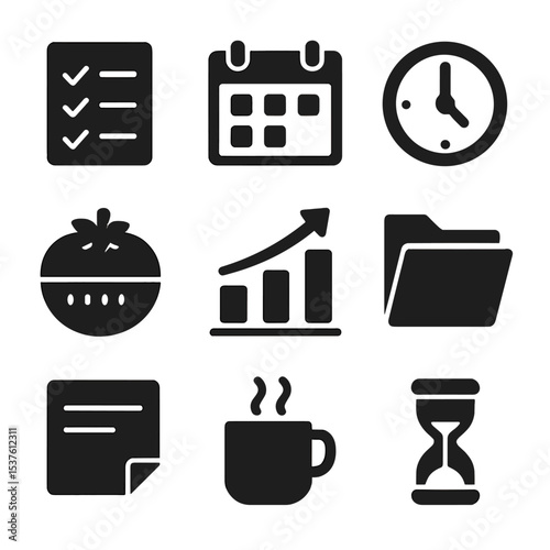 Productivity Icon Set. Solid, filled icons set of productivity for digital creators: checklist, calendar, time