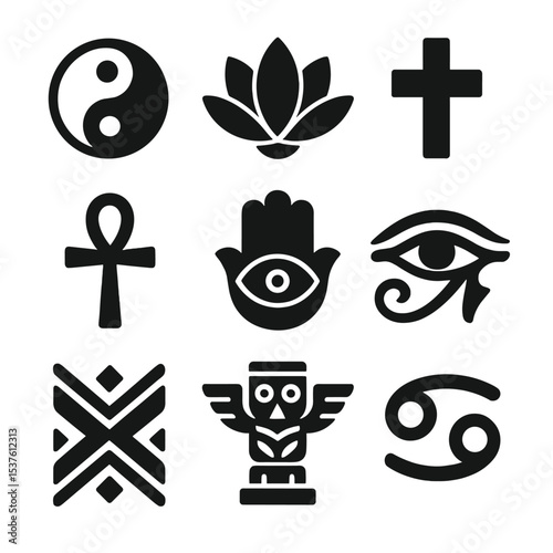 Fashion and Coding Icons. Solid, filled icons set of fashion symbolism by culture: yin yang, lotus, cross,