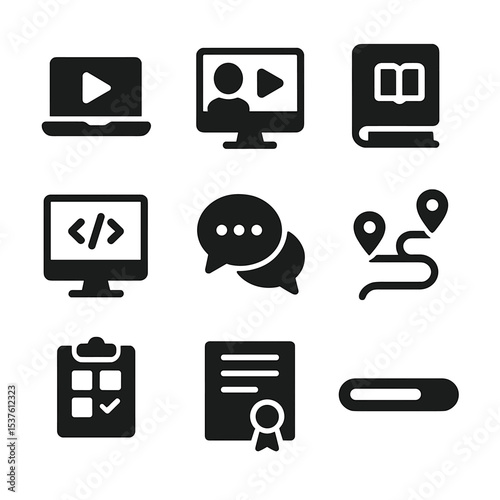 Digital Learning Icons. Solid, filled icons set of digital learning resources: online course, tutorial video,