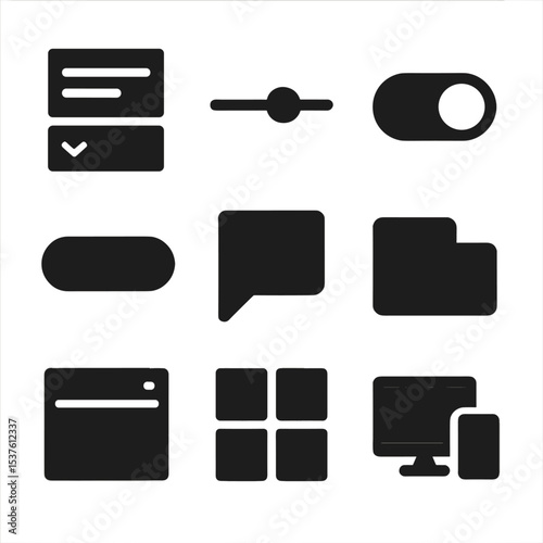 Modern UI Icons. Solid, filled icons set of user interface design: dropdown menu, slider bar, toggle switch,