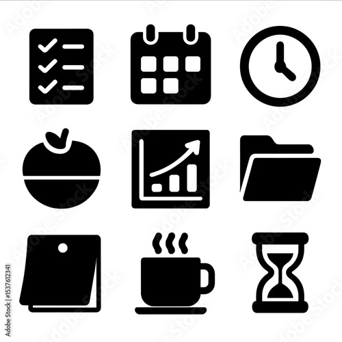 Productivity Icon Set. Solid, filled icons set of productivity for digital creators: checklist, calendar, time